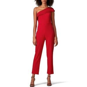 Adrianna Papell One Shoulder Jumpsuit Straight Leg Red Crepe Lined Womens US 8